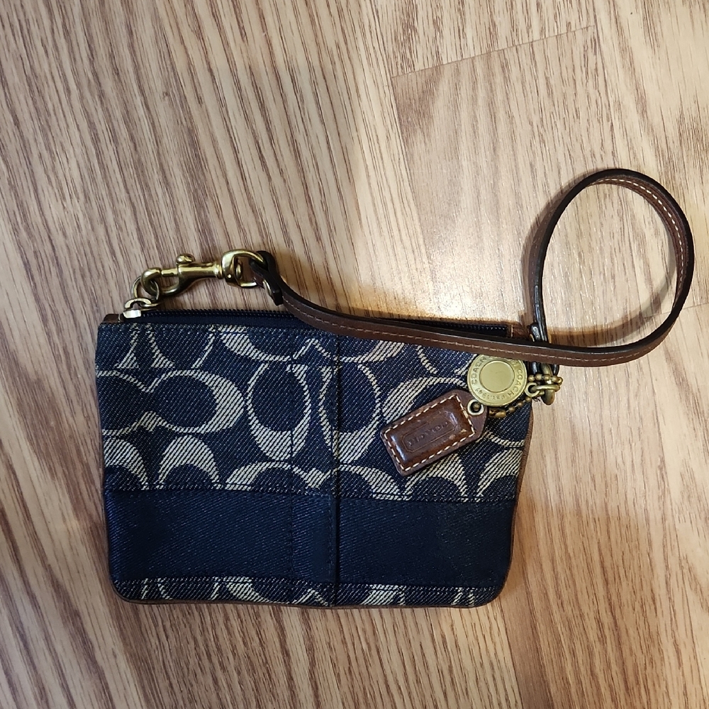 Coach Navy and Tan Signature Wristlet with Leather Strap